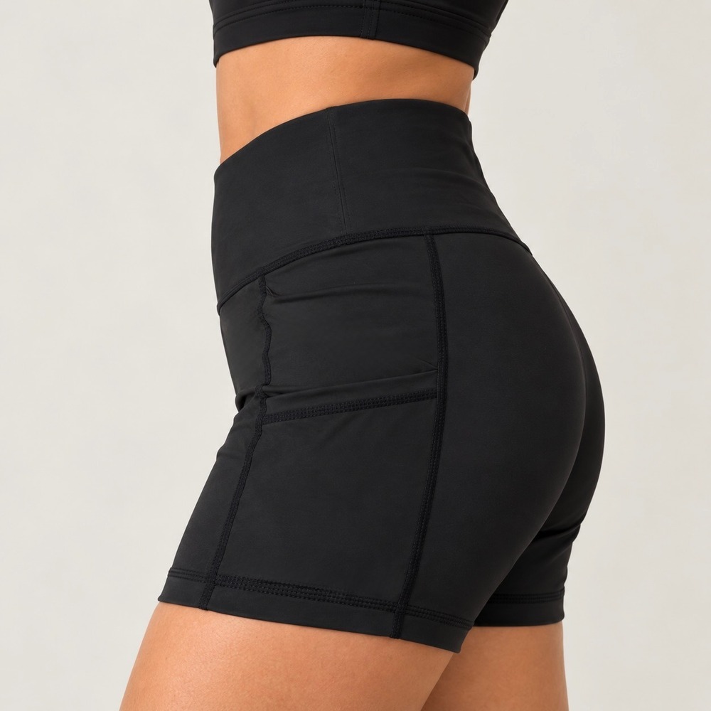 Black High Waisted Workout Shorts M Side Pockets Stretch Athletic Gym Yoga Biker